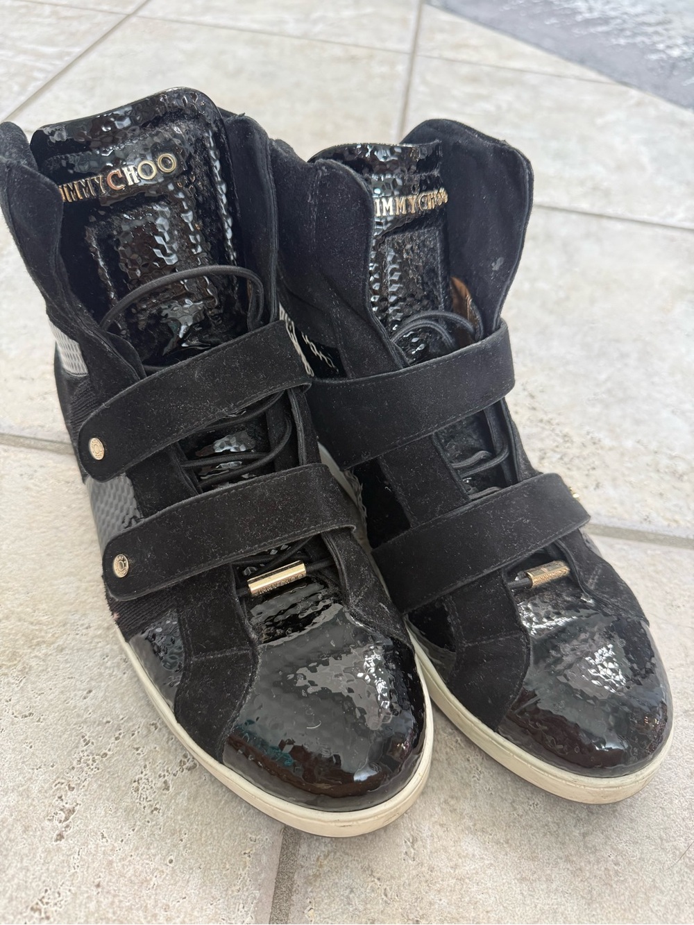 Jimmy Choo Black Suede and Patent High-Top Sneakers with Gold Accents